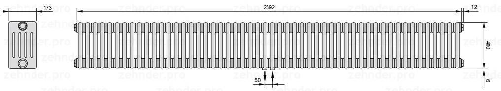 Схема (чертеж) Радиатор Zehnder Charleston 5040/52 №5410 Белый глянцевый RAL 9016